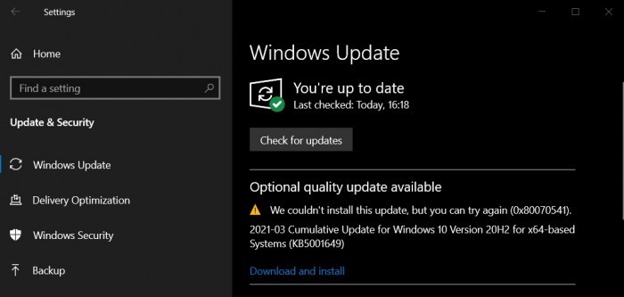 Win10 KB5001649װʧ ִ0x80070541